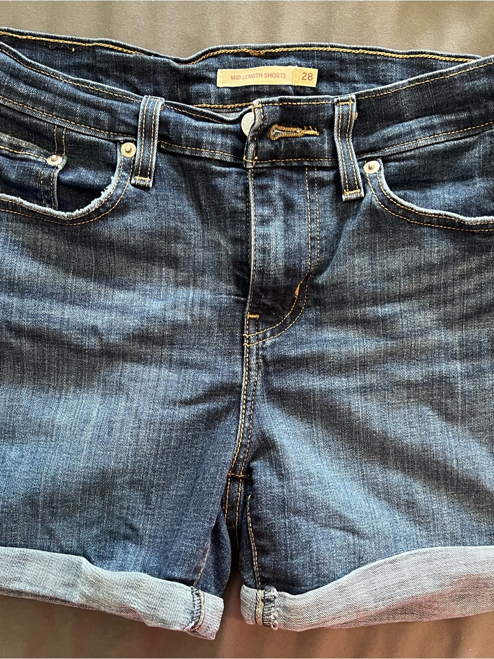 Mid-Length Dark Blue Denim Jean Shorts with Rolled Hem